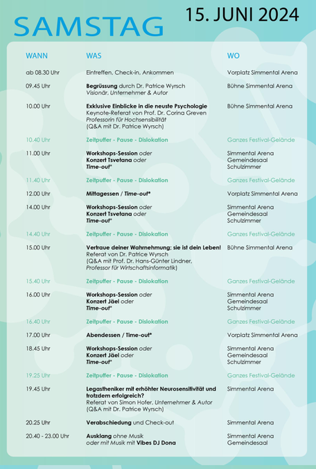 NEURO-FESTIVAL - 15.-16.06.2024 - Dr. Patrice Wyrsch & Team (Konzerte, Schweizersängerin JAËL, Workshops, Referate wie von Prof. Dr. Corina Greven, Dr. med. Banu Katik, u.a. zu Gesundheit, ...) - Simmentaler Arena in Zweisimmen (BE)
