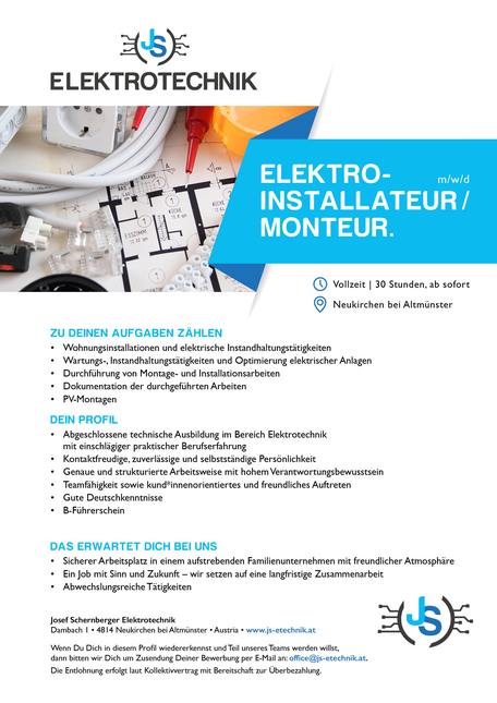 JS Elektrotechnik GmbH - Stelleninserat - Elektroinstallateur / Helfer