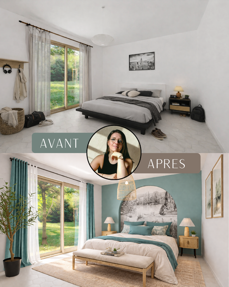 transformation chambre avant après à Mâcon avec décoration naturelle, tête de lit murale et ambiance apaisante