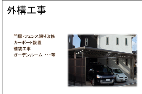 外構工事　門扉・フェンス廻り改修　カーポート設置　舗装工事等