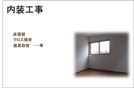 内装工事　床張替　クロス貼替　建具取替等
