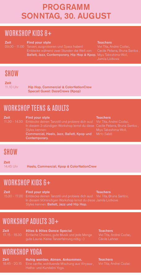 Programmübersicht der Eröffnung der Tanzschule Dietlikon mit gratis Workshops und Tanzkursen sowie Yogakursen