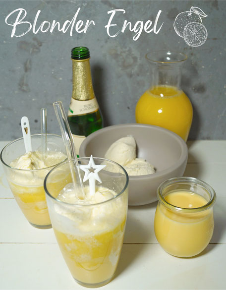 Orangensaft, Eierlikör, ein Schuß Sekt und Vanilleeis ergeben den herrlich altmodischen Drink Blonder Engel