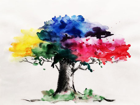 Bunter Baum  55 cm x 65 cm Aquarellfarben auf Zeichenpapier mit weißem Rahmen