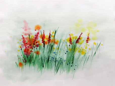 Bunte Blumenwiese 43 cm x 53 cm Aquarellfarben auf Zeichenpapier mit weißem Rahmen