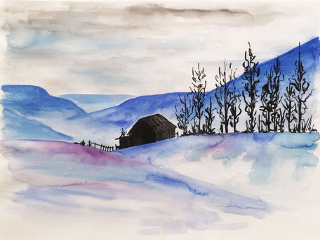 Hügellandschaft im Winter 43 cm x 53 cm Aquarellfarben auf Zeichenpapier mit weißem Rahmen