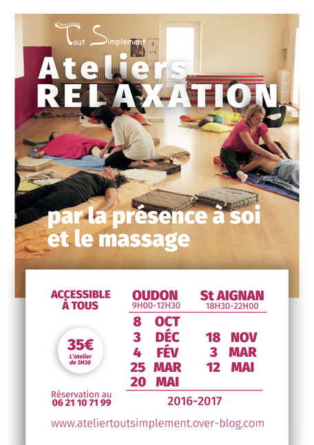 Affiche des dates des ateliers de l'Association "Tout Simplement" relaxation par la présence à soi et le massage