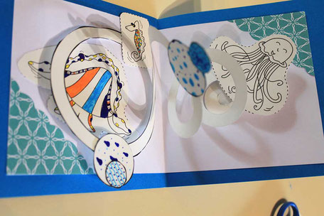 Carte Pop-Up spirale Faribole et Mistigri réalisée avec l'illustratrice Cloé Perrotin lors d'un atelier 