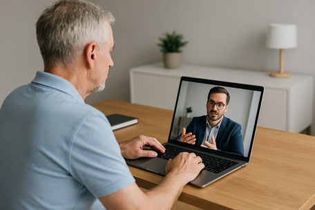 Zwei Männer unterhalten sich, einer am Schreibtisch, einer über Laptop sichtbar - KI generiert