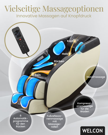  Erleben Sie mit dem WELCON Massagesessel eine professionelle Fußmassage in Ihrem Zuhause. Individuell anpassbar und mit innovativen Technologien für Ihr Wohlbefinden.