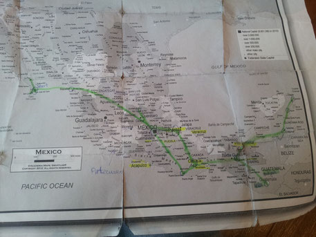 Tour de Mexico and Guatemala (green line). I think it was around 10.000 km in almost 6 month.