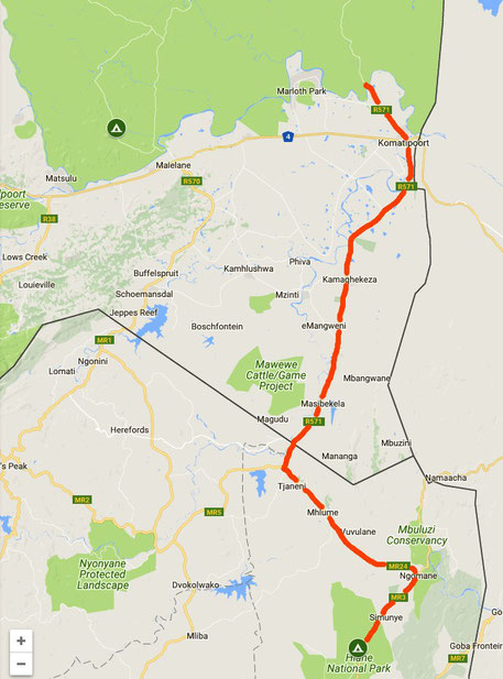 Itinéraire routier Kruger NP (Crocodile Gate) / Hlane Royal NP (Swaziland)