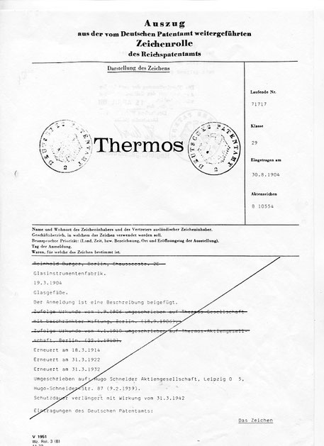 Namensanmeldung Thermos- Erster Anmelder Reinhold Burger, Erfinder der Thermosflasche-Thermoskanne