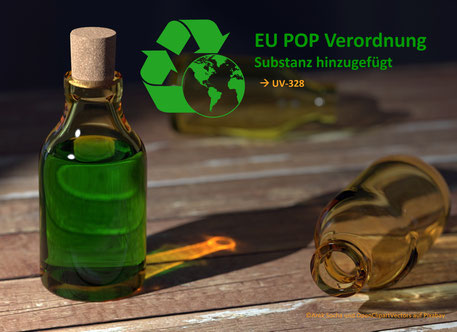 UV-328 wird der EU POP-Verordnung hinzugefügt (Anhang I). Dargestellt grüne Flüssigkeit, die die Gefährlichkeit des PBT-Stoff UV-328 symbolisiert. UV-328 ist ein SVHC-Stoff und Zulassungspflichtig gemäß REACH Anhang XIV. UV-328 auch Stockholm Convention.