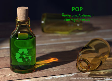Eine Flasche mit grüner Substanz symbolisiert die hier betroffene Gruppe der PFOS (Perfluoroctansulfonsäure und ihre Derivate, die zu den PFAS gehören. Der Eintrag von PFOS wird geändert. U.a. Schärfere Grenzwerte, Streichung von Ausnahmeverwendung.