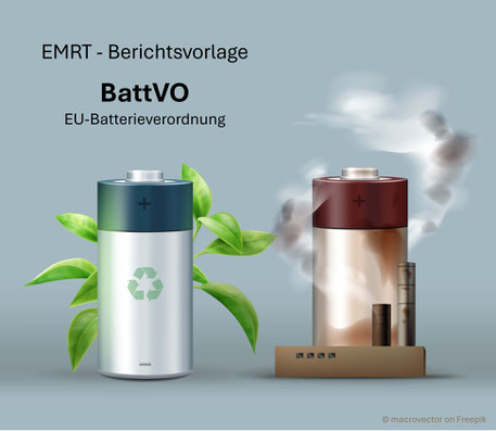 Zwei Batterien, eine grüne mit Recyclingkennzeichnung und eine braune ausgasende Batterie. Die Verordnung (EU) 2023/1542 schreibt für Kupfer, natürlicher Grafit, Lithium und Nickel eine Recyclingquote vor. Diese kann mit dem EMRT erfasst werden.
