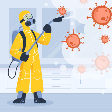 Das gezeichnete Bild zeigt einen Mann in gelbem Overall mit Atemschutzmaske und Schutzbrille, der mit einer Sprühvorrichtung Pestizide gegen sporenartige Gebilde einsetzt. Dies steht stellvertretend für den Einsatz von Biozidprodukten.