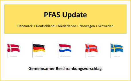 Die gezeigten Nationalflaggen symbolisieren die fünf Behörden Dänemarks, Deutschlands, der Niederlande, Norwegen und Schweden, die ursprünglich den PFAS Beschränkungsvorschlag (Anhang XVII REACH) eingereicht haben. Update des PFAS Vorschlags liegt vor.-