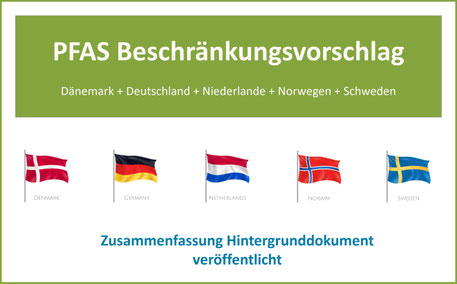 5 Fahnen symbolisieren die Zusammenarbeit der Mitgliedstaaten Dänemark, Deutschland, Niederlande, Norwegen und Schweden am REACH Beschränkungsvorschlag für PFAS. Es gibt eine Zusammenfassung zum vormals veröffentlichten Hintergrunddokument.