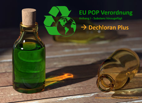 Stellvertretend für POP (Persistent Organic Pollutant) Stoffe ist eine Flasche mit grünem Inhalt gezeigt. Ein die Erde einschließendes Recyclingsymbol weist auf die persistenz und akkumulation von Dechloran Plus in der Umwelt hin.