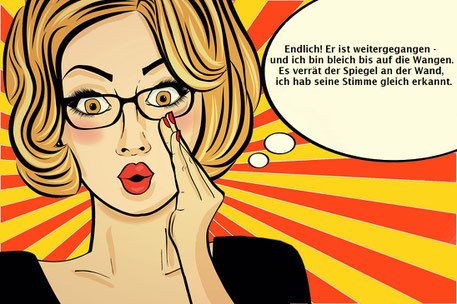 Comicbild, Frau mit kinnlangen hellbraunen Haaren, schwarze, rechteckige Brille, helbraune Augen, rote Lippen, schwarzer Pullover, linke Hand am Gesicht, flüsternder Gesichtsausdruck