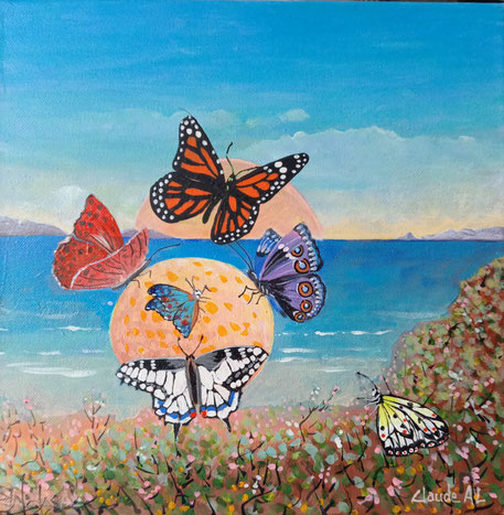 Les Papillons et bord de mer intuitif. Acrylique sur toile. 30 X 30 cm. Disponible. 140€.
