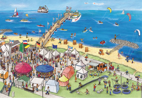 Schönberger Strand, Seebrückenfest © Wolfgang Slawski, www.amarillu-design.de - Dieses fröhliche Wimmelbild zeigt einen Blick auf das Seebrückenfest am Schönberger Strand. Dort ist eine Menge los und viele Details laden zum Geschichten erfinden ein.