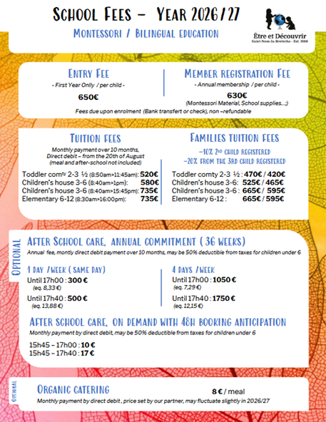 Tarifs 2022-2023 Etre et Decouvrir Families English