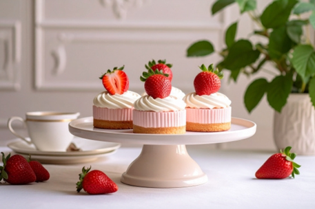 いちごと生クリームがのったカップケーキ。カップ＆ソーサ。