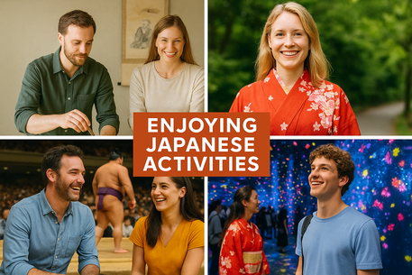 Tourists enjoying Japanese activities such as tea ceremony, kimono, sumo, and teamLab, showing how to book activities in Japan without confusion.