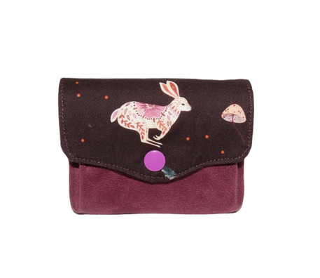 Petit porte-monnaie accordéon pour femme en suédine violette et et tissu aubergine rose avec des lapins, porte-cartes, 3 compartiments