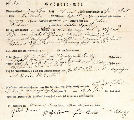 Geburtsurkunde von Peter Simon, geboren am 6. April 1840 in Bierfeld