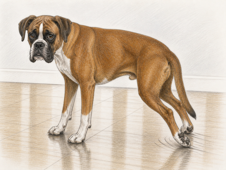 Boxer mit überkötender Hinterpfote auf glattem Boden – mögliches Anzeichen für degenerative Myelopathie beim Hund