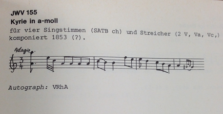 ハンス=ヨーゼフ・イルメン『ガブリエル・ヨーゼフ・ラインベルガーのテーマ別音楽作品カタログ』P565より。なぜ失われた作品なのに冒頭第１ヴァイオリンの主題がのっかているかは謎。