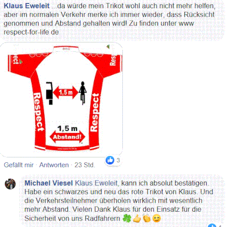 Respect-for-life! Trikot Modell City mit dem Abstandlogo 1,5 m und dem Abstandspfeil 1,5 m mit deutschem Textmit Regenbogen