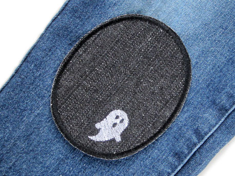 Bild: Knieflicken Jeansflicken schwarz mit Geistern, Halloween Aufnäher Hosenflicken zum aufbügeln