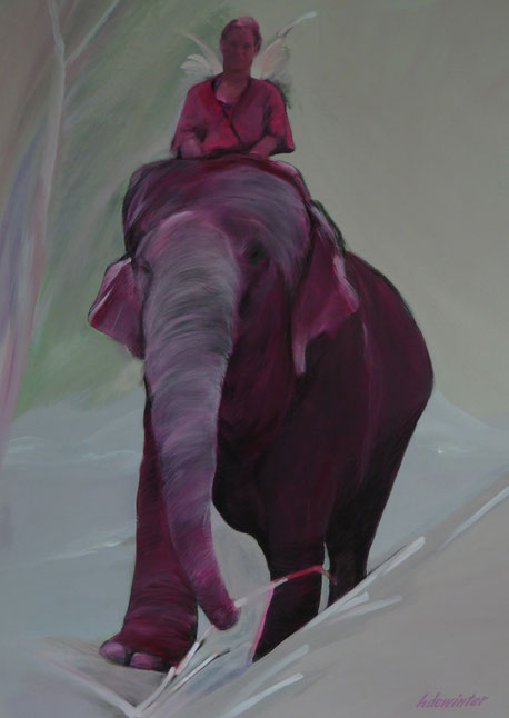 Pink Elephant Angel  -  Acryl  en houtskool op doek  76 X 100 cm 