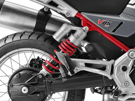Moto Guzzi V85 TT - Detail - Ansicht Monoshock Federbein an der Schwinge