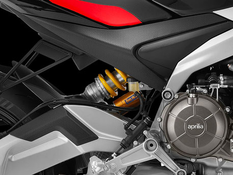 Aprilia RS 660 Factory - Ansicht des Öhlins Federbeins hinten