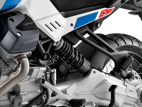 Moto Guzzi Stelvio - Duecento Tributo - Ansicht Monofederbein mit Alu-Schwinge