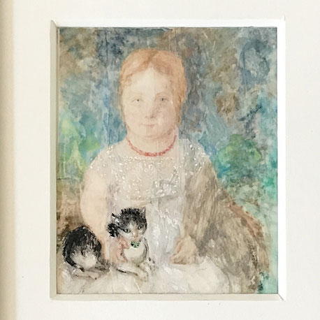 Naive miniature watercolour of a girl holding a cat