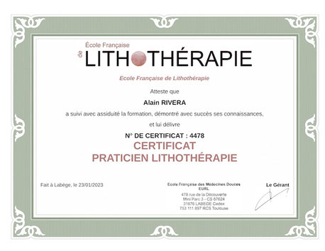Alain Rivera Certificat Praticien en Lithothérapie