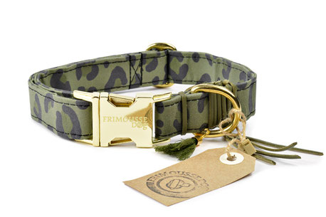 Hundehalsband Halsband Baumwolle Khaki gold Frimousse Dog Leolook Leopardenmuster