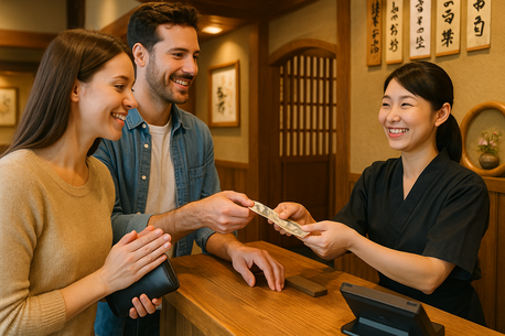 Tourists paying at the cashier counter in a Japanese restaurant.