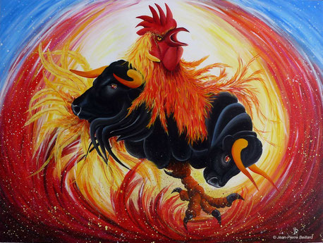 "Galarena" - Acrylique sur toile 100x75 - Le Coq/Taureau est un personnage courageux, énergique, mais sensible à la notion d'utilité.