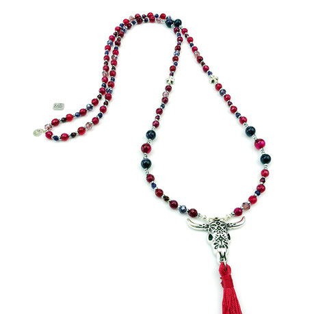 lange Damenhalskette, rote  blaue Achate beerenfarben, Kristalle, Hämatit, lange Quaste, Boho Style Halskette