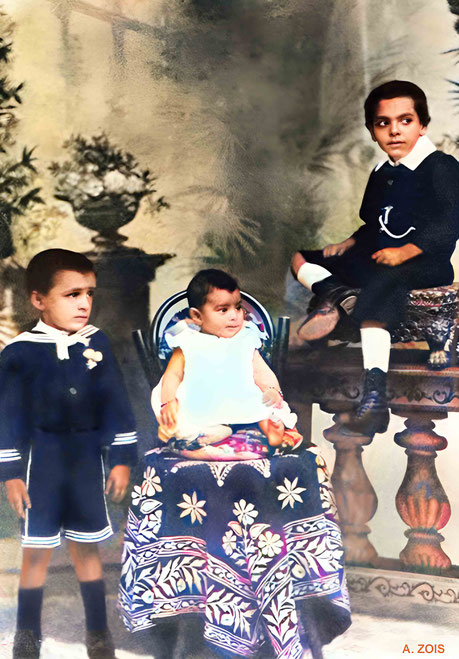 1899 : ( L - R ) Merwan, sister Freiny & brother Jamshed photographed in a Poona studio. Image rendered by Anthony Zois.