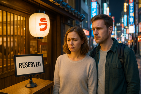 Disappointed travelers outside a Japanese restaurant with a “Reserved” sign, showing why reservations in Japan are difficult for foreigners.