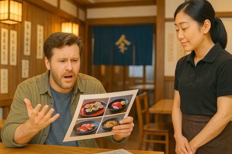 Foreign tourist in a Japanese restaurant trying to make a reservation without speaking Japanese, confused by a Japanese-only menu.