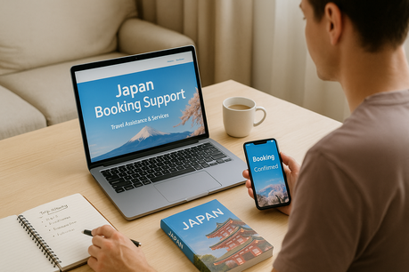Traveler planning a Japan trip at home, laptop showing a booking support website, preparing restaurant and activity reservations in advance.